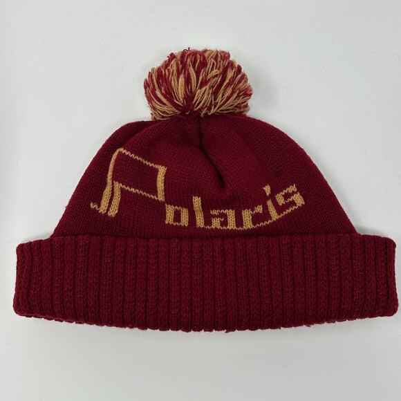 Vintage 70s Polaris Snowmobiles Cuffed Pom Pom Beanie Toque Winter Hat Red - Picture 2 of 9
